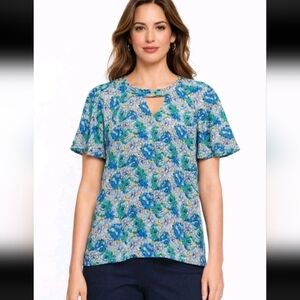 Banana Republic Floral Flutter‑Sleeve Blouse  Size S Blue & Yellow Excellent